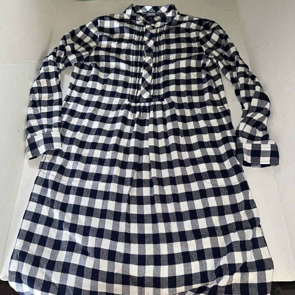 Lands End Women’s Shirt Dress 8P Plaid Long Sleeve Pockets Navy White